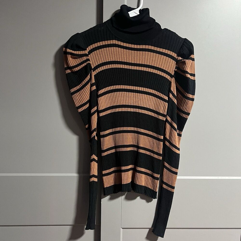 Zara Puff Shoulder Rib Knit L/S Stripe Turtleneck Sweater Black Brown Medium